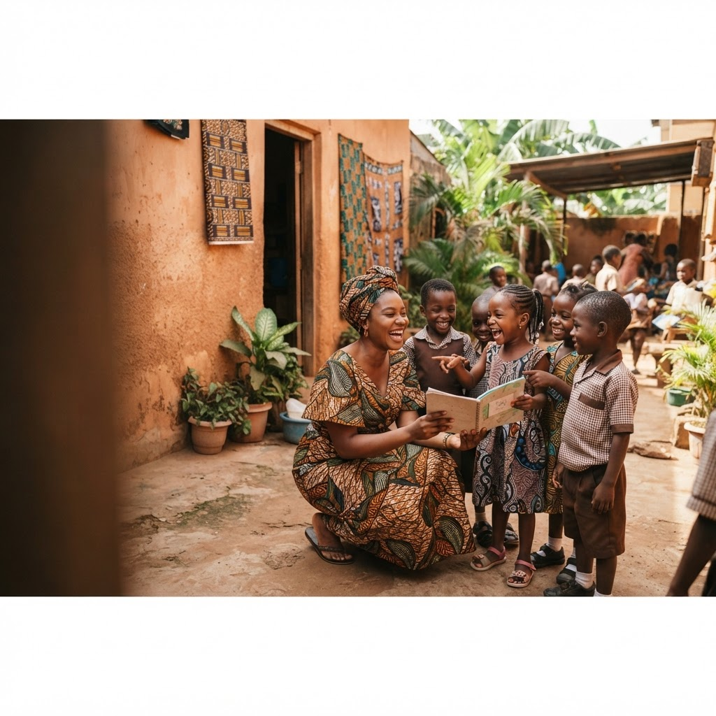 Children and an educator sharing a joyful moment at a community school